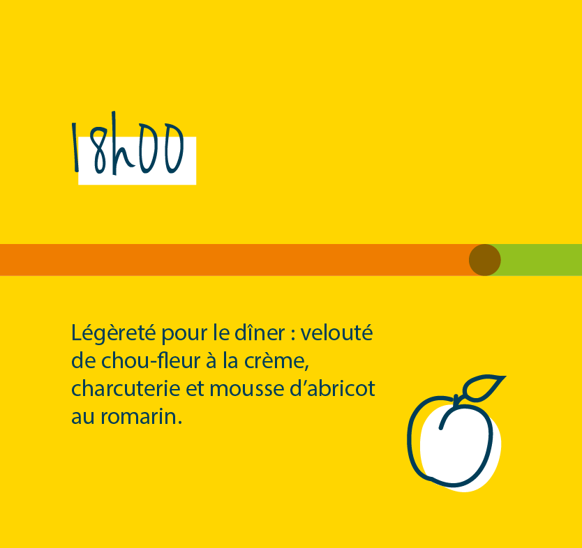 18h légèreté pour le diner : velouté de chou-fleur à la crème, mousse d'abricot au romarin