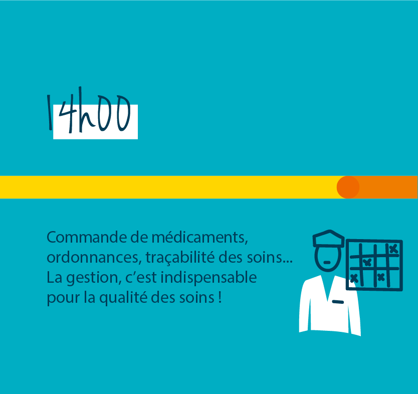 14h commande de médicaments, ordonnances, traçabilité des soins. La gestion c'est indispensable pour la qualité des soins