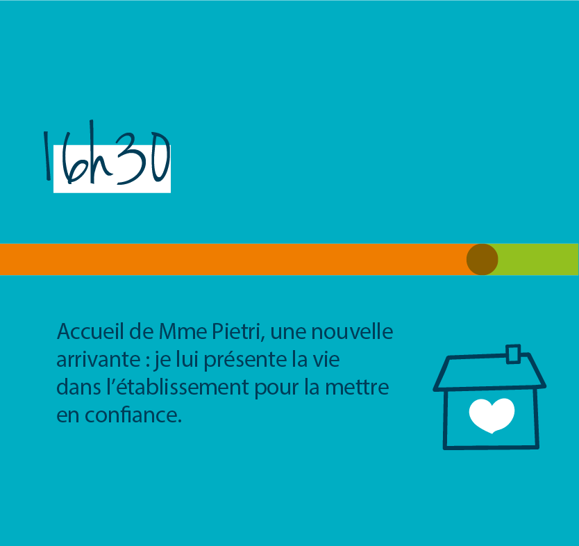 16h30 accueil de madame Pietri, une nouvelle arrivante : je lui présente la vie dans l'établissement pour la mettre en confiance